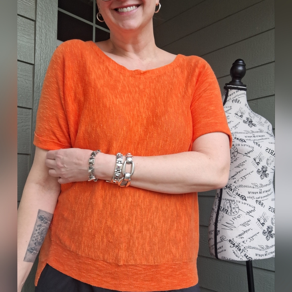 Eileen Fisher Orange Roll Sleeve Organic Cotton & Linen Sweater Size M Oversized